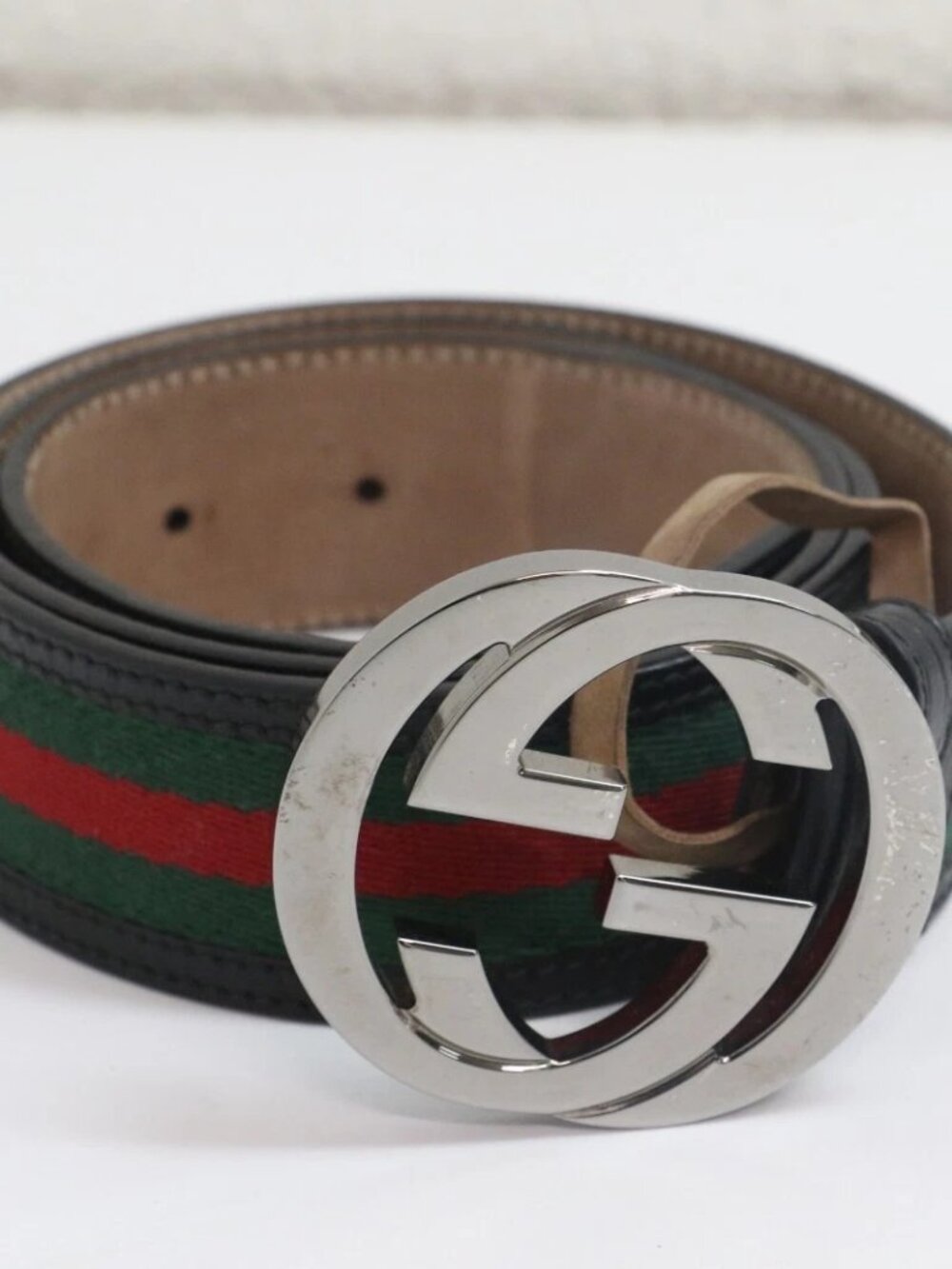 Gucci 114984 Web Green Red Canvas Leather Interlocking G Buckle Belt 90 / 36